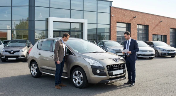 Photographie professionnelle en environnement extérieur d'une concession automobile montrant un véhicule d'occasion stationné en premier plan, avec un client et un vendeur en tenue professionnelle examinant le véhicule de manière approfondie - client regardant les détails de la carrosserie, vendor consultant des papiers ou effectuant une inspection visuelle. Le véhicule doit être clairement visible et en bon état, illustrant le processus d'évaluation lors d'une reprise de voiture.